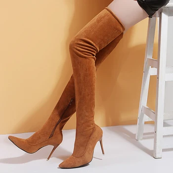 Ботуши над коляното марка дизайнерски Дамски обувки, Дамски ботуши, тънки високи токчета, секси вечерни ботуши Botas De Mujer плюс размер 35-43