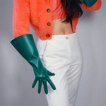 Технически дълги ръкавици унисекс тъмно зелена изкуствена кожа 38 см широк балон бутер ръкави на мъжки, дамски ръкавици WPU155-4