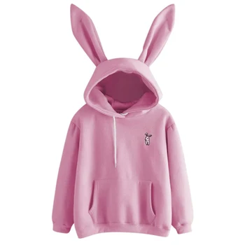 Зимни Дамски Блузи Kawaii Rabbit Ear Sweatshirt Fashion Hoody Casual Solid Color Топло Hoody Пот Карикатура Hoody Пуловер