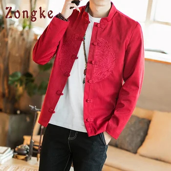 Zongke Solid Dragon Embroidery Linen Jacket Men 2021 японска градинска мъжко яке зимни якета за мъже брендовое палто M-4XL