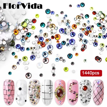 FlorVida 1440pcs Crystal Rhinestones 3D Decorations For Art Nails Makeup Clothing AB Color Stone скъпоценни Камъни Acrylic Плосък Bottom Hybrid