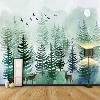 Потребителски Стенопис тапети Nordic стил ръчно рисувани борова гора Лосове тапети, хол с диван телевизор фон на стената Papel De Parede
