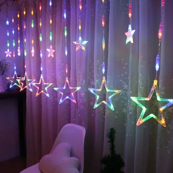 BEIAIDI актуализация 2.5 м LED Звезда icicle завеса ред светлина романтичната Фея Звезда завеса венец Коледа сватба пентаграм светлина