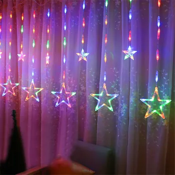 BEIAIDI актуализация 2.5 м LED Звезда icicle завеса ред светлина романтичната Фея Звезда завеса венец Коледа сватба пентаграм светлина