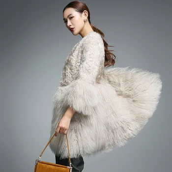 Натурална палто за жени естествена кожа агне с монголски овечьими кожата rf0093B