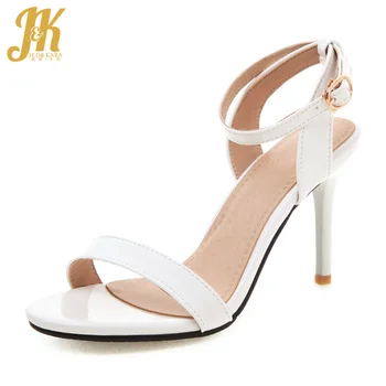 JK сандали с каишка на щиколотке женски 2019 летни сандали сватбени обувки с отворени пръсти Дамски обувки на тънък висок ток женски бели плюс размер 30-48