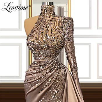 Саудитска Арабия Висока Шия С Един Ръкав Мъниста Вечерна Рокля Abendkleider 2020 Couture Long Prom Party Dresses Robe De Soiree
