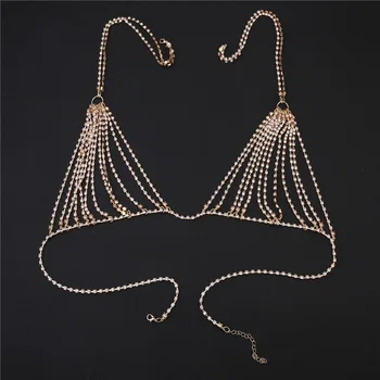 Европа и Америка-модерни Секси гърдите верига златни сутиени блестящ кристал преувеличение тялото бижута верига бар на плажа мода