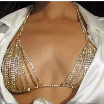 Европа и Америка-модерни Секси гърдите верига златни сутиени блестящ кристал преувеличение тялото бижута верига бар на плажа мода