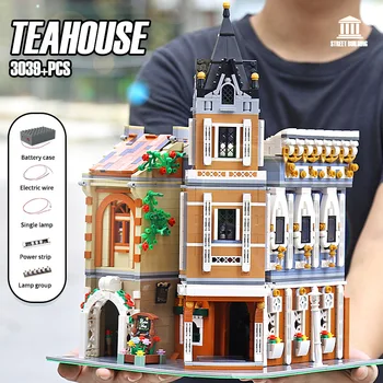 Мухъл King Creator Street View MOC the Afternoon Tea Restaurant Model with Light Building Blocks Toy Bricks Kids Christmas Gift