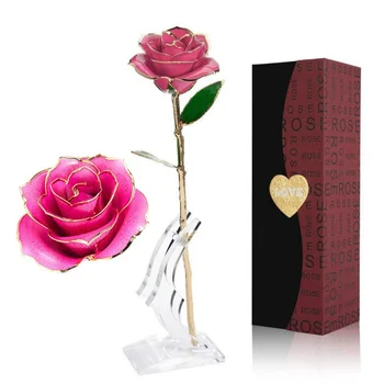 Дълго стъбло злато Окунутое 24-каратово вечността Роза с прозрачна лунната стойка подарък за Свети Валентин, Ден на майката годишнина Рожден Ден