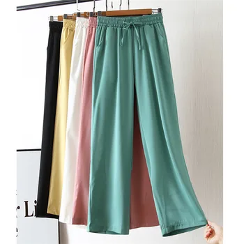 2020 Нова мода пролет жените блясък широки панталони ежедневни дълги панталони летни дамски ориенталски талията тънки сатенени панталони панталони WZ1153