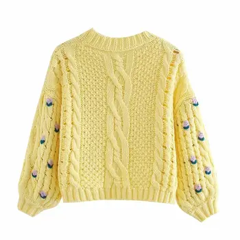 2020 нов дамски вязаный жилетка с V-образно деколте с дълги ръкави на извънгабаритни пуловер бродерия Vintage Casual femme vetement ropa mujer