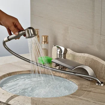 Луксозен комплект за монтиране на водопад Widepsread Римска баня кран една дръжка 3 бр. смесител вана с ръчен душ