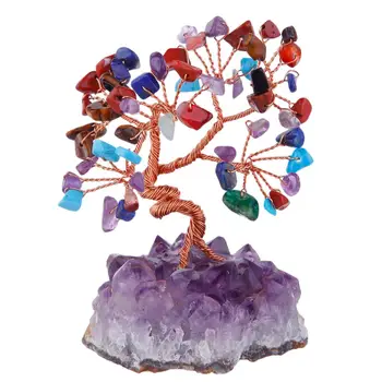 TUMBEELLUWA Crystal пари дърво, естествен Аметист база клъстер бонсай фигурка за богатство и късмет на домашен интериор 3.5-4.7
