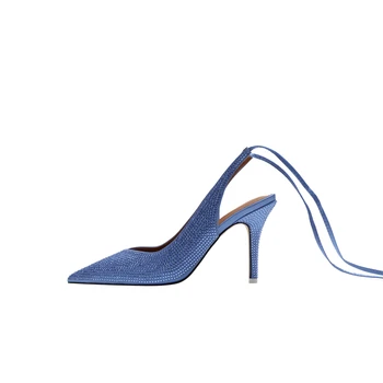 2021 европейската и американската пролет нови остроносые дамски обувки на висок ток с бриллиантовым декорация сатенени обувки на висок ток