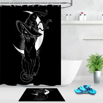 Полиестерен плат завеси за душ за баня Черна котка вещица шапка на Луна печат вана душ завеса моющийся Нескользящий мат Мат