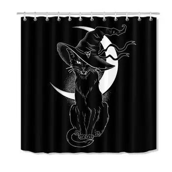 Полиестерен плат завеси за душ за баня Черна котка вещица шапка на Луна печат вана душ завеса моющийся Нескользящий мат Мат