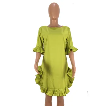 Плюс размер a-line Solid ежедневни мини Облекло За жени-образно деколте листенце ръкав накъдрен подгъва плаж летни рокли сарафан Vestidos De Fiesta