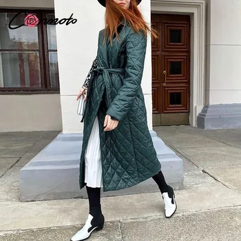 Conmoto дълго пряко палто с шарките на атакуваното решение на ежедневните колани дамски зимни парк дълбоки джобове индивидуален яка стилни връхни дрехи