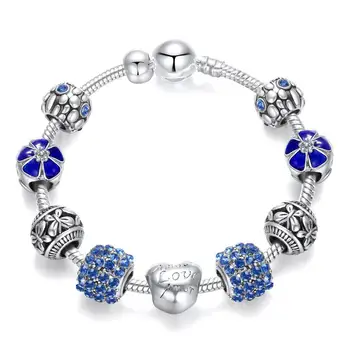 YANHUI New Design Silver Charm Bracelet White Heart/Flower Pattern Crystal Beads Bracelet Fashion Jewelry Gift for Women Момиче