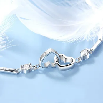 KOFSAC романтични бижута сребро 925 проба гривни за жени, мода двойна любов Циркон гривна елегантни подаръци за Свети Валентин