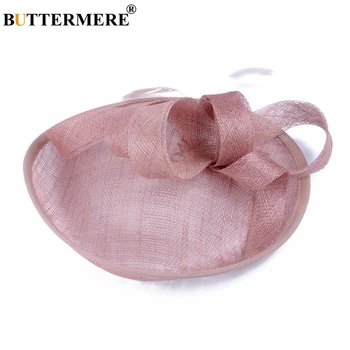 BUTTERMERE Pink Fedora Hats For Woman Wedding Linen Tea Party Hats Ladies Feather Elegant Bowknot Female Fancy Bride White Hat