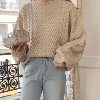 Ретро женски пуловер с кръгло деколте зимата топъл женски жилетка дебели коледни пуловери обрат вязаный пуловер топ Pull Hiver Femme 2019