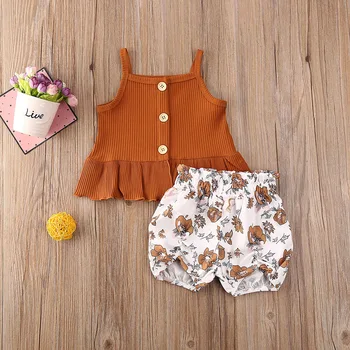 2 елемента децата Baby Girl дрехи, комплекти 12M-5Y плета однобортный ръкави върховете цвете шорти панталони комплект дрехи