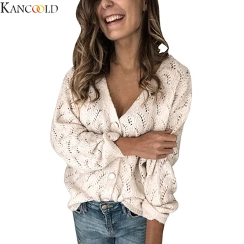KANCOOLD жени тънък разрез кухи ризи свободни голям размер с дълъг ръкав дами плета пуловер с пет ръкав V-образно деколте кука цвете