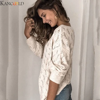 KANCOOLD жени тънък разрез кухи ризи свободни голям размер с дълъг ръкав дами плета пуловер с пет ръкав V-образно деколте кука цвете