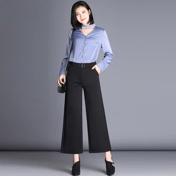 Елегантен Висока талия широки панталони за жени черен еластичен колан прави панталони нов 2020 есен свободни др работно облекло Панталони