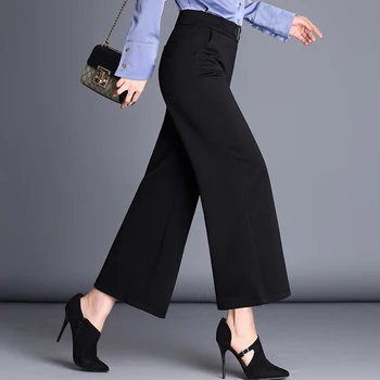 Елегантен Висока талия широки панталони за жени черен еластичен колан прави панталони нов 2020 есен свободни др работно облекло Панталони