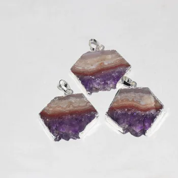 Натурален парче от лилав кристален кварц осмоъгълник медальон бижута производство 2020 жените голям суров жеода druzy камъни чар point femme