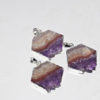 Натурален парче от лилав кристален кварц осмоъгълник медальон бижута производство 2020 жените голям суров жеода druzy камъни чар point femme