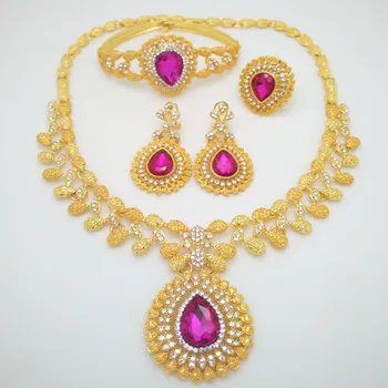 Търговия на едро с модни сватбени аксесоари нигерийски сватбена украса африкански бижута на марката Dubai gold-color Crystal Jewelry sets