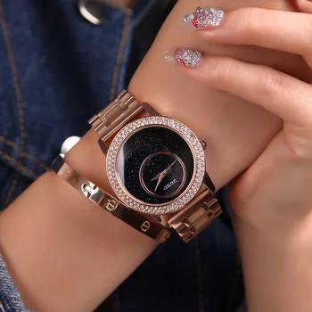 Луксозна марка GUOU злато от неръждаема стомана с високо качество на мода жена диаманти Дама, подарък Кварцов ръчен часовник водоустойчив студент часовници