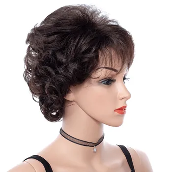 Тъмно кафяви къси къдрави перуки женски изкуствена коса с бретон за майката перука жени на средна възраст высокотемпературное влакна