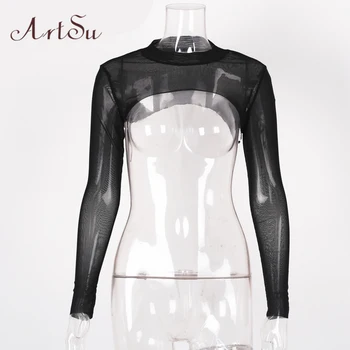 ArtSu Sexy Black Mesh Women блуза, къса прозрачна риза изрязване на върховете Blusas есен прозрачни блузи с дълъг ръкав ASBL30045