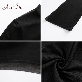 ArtSu Sexy Black Mesh Women блуза, къса прозрачна риза изрязване на върховете Blusas есен прозрачни блузи с дълъг ръкав ASBL30045