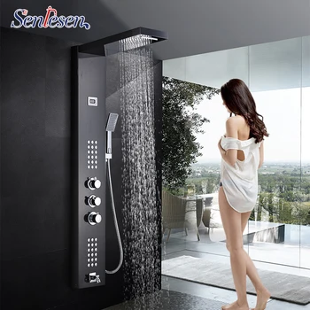 Senlesen матиран никел / топка Термостатичен душ колона панел Монтиране на стена w / масаж струя Para баня с душ Душ LED