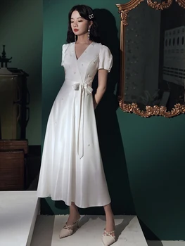 SSYFashion New French Elegant White Stain Evening Dress V-образно деколте Puff Sleeve Beading Tea-length Party Official Dress Vestido De Noche