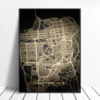 Сан Антонио, Сан Диего, Сан Франциско, Сиатъл, Вашингтон, окръг Колумбия, САЩ черно и златно платно стенно изкуство карта плакат