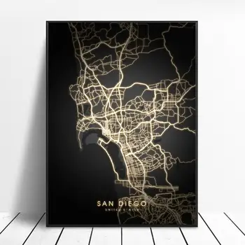 Сан Антонио, Сан Диего, Сан Франциско, Сиатъл, Вашингтон, окръг Колумбия, САЩ черно и златно платно стенно изкуство карта плакат