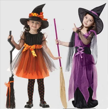 Тийнейджър 2-12Y момичета Хелоуин вещица рокля детски момичета cosplay костюм с шапка 2 елемента партия опаковки рокли, детски дрехи за момичета