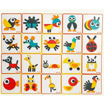 3D Pattern блокове геометрични фигури, животни пъзел ранните забавни играчки Tangram комплект, подходящ за деца от 20-дизайн на карти
