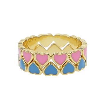 Мода Кралицата на златист цвят на емайла, розово синьо сърце изрежете сърцето на годежен пръстен, подарък за младо момиче, размер 6 7 8