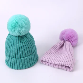 Плътен цвят възли памучни шапки детски есенни и зимни детски топли помпоны ски шапки момчета и момичета универсална шапка от изкуствена кожа