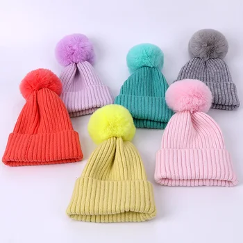 Плътен цвят възли памучни шапки детски есенни и зимни детски топли помпоны ски шапки момчета и момичета универсална шапка от изкуствена кожа