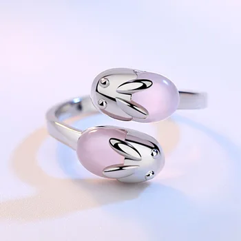 JoiasHome сребро 925 бижута скъпоценни камъни с Овална форма розов кварц пръстен за жени сладък сладък Заек женски Отваряне регулируема запознанства пръстен
